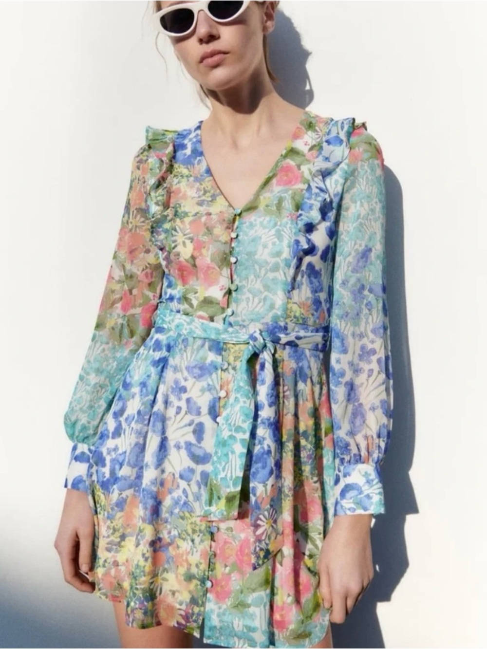 Zara Pastel Floral Long-Sleeve Mini Dress